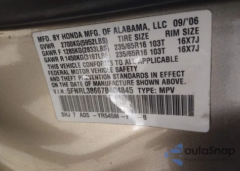 2007 Honda Odyssey z USA, uszkodzony, nr VIN 5SNRL38667V404845